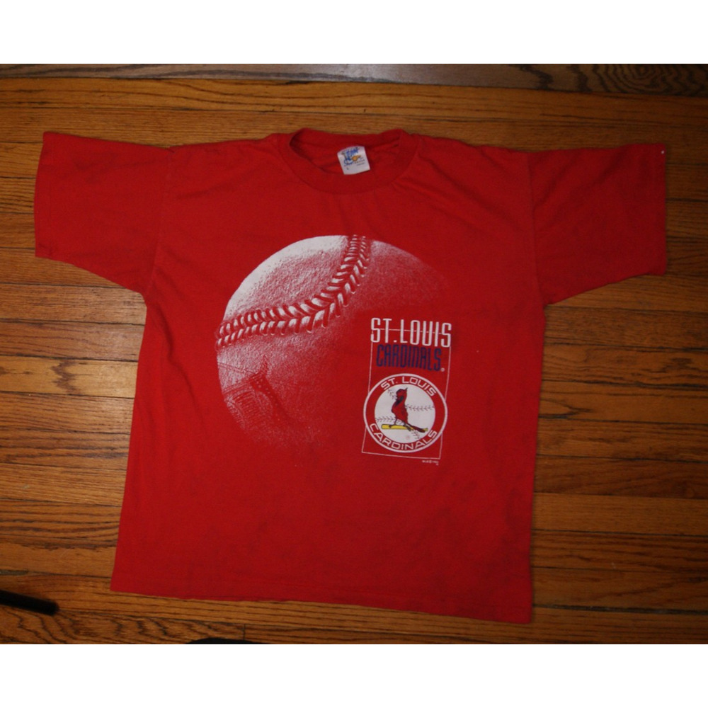 Vintage 90s St Louis Cardinals AOP Red Large TShirt USA Made 1993 - READ Stains